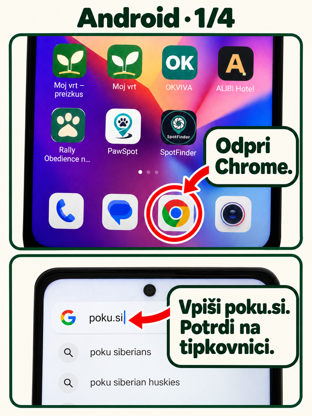 Odpri Chrome – barvni krog z modro sredino. Vpiši poku.si in potrdi na tipkovnici.